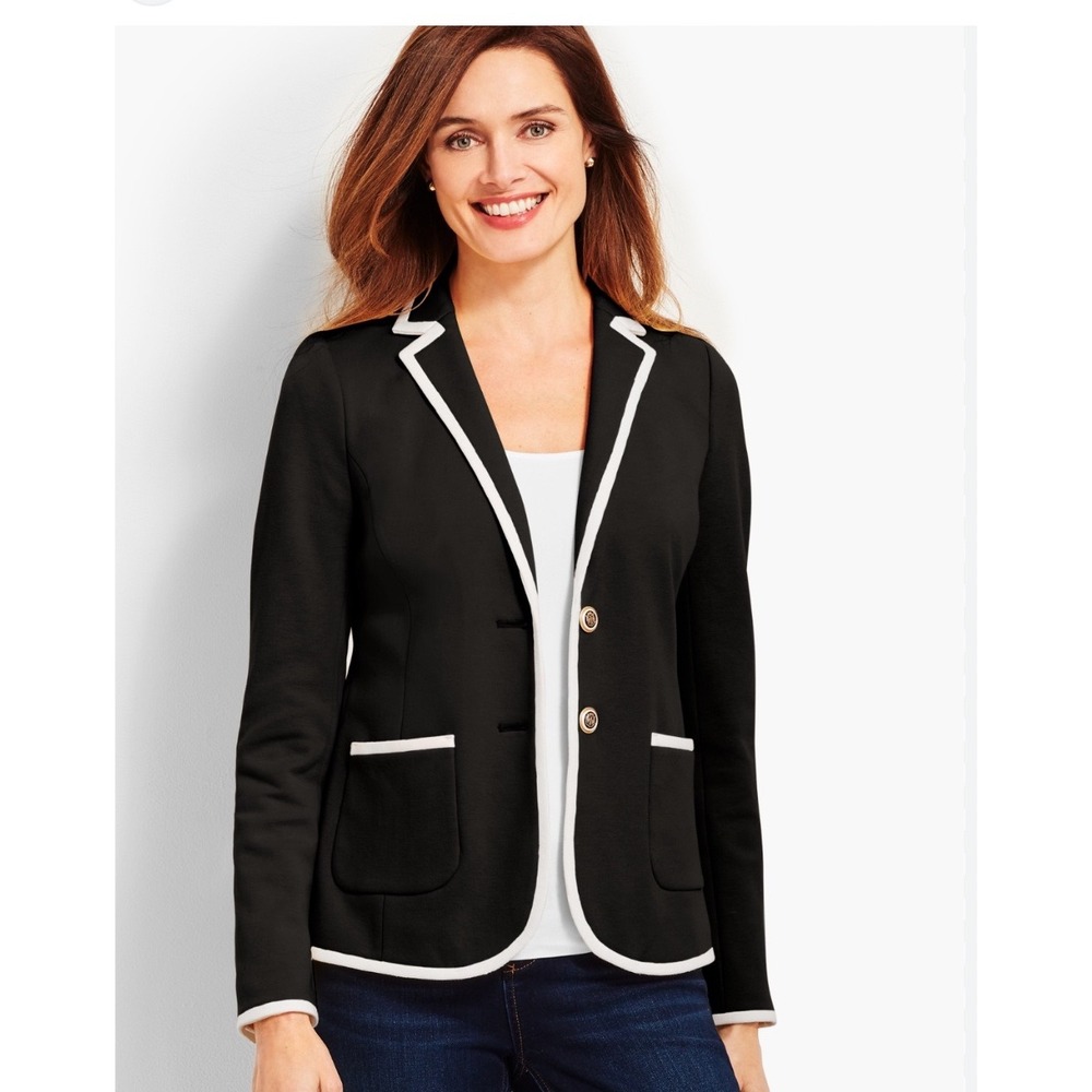 Talbots Aberdeen Pique Blazer Black White Trim Petite 10P Nautical‎ Jacket